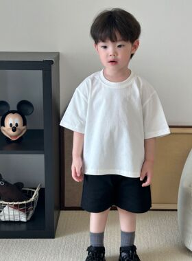 MINIKIDO/儿童纯棉t恤男夏季韩系高级感中小童百搭圆领纯色短袖潮