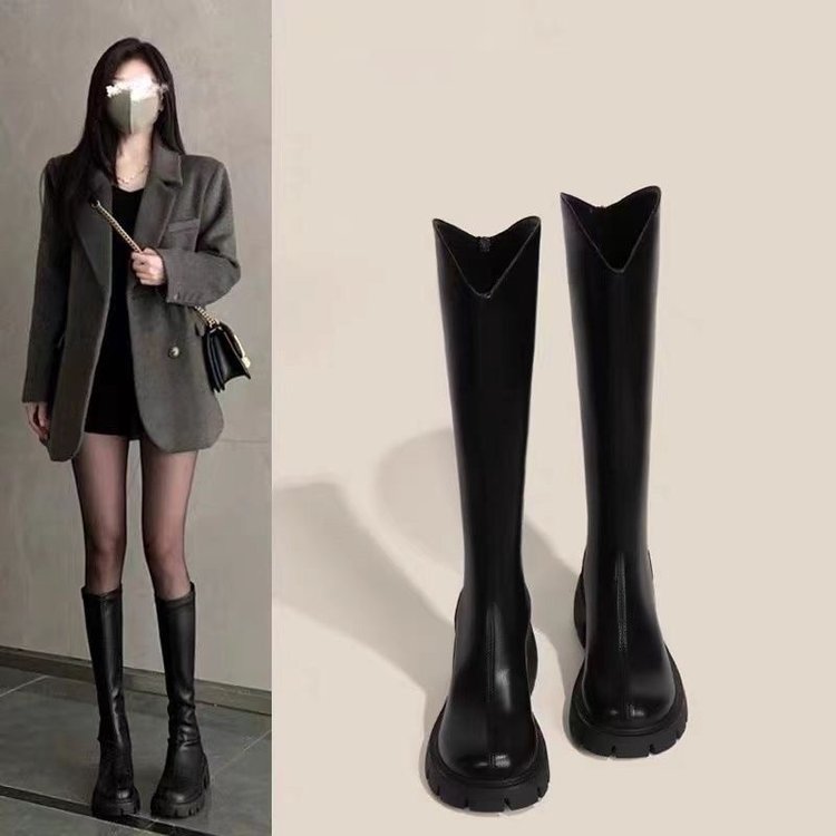长筒靴女2025年春秋新款胖mm粗腿骑士靴小个子v口显瘦不过膝靴子