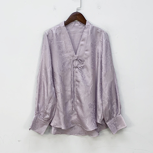 国风衬衫真丝四经绞罗提花长袖V领衬衣套头新中式桑蚕丝上衣女士