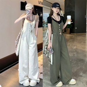 欧货高级感减龄牛仔阔腿裤女夏季百搭休闲复古吊带工装拖地连体裤