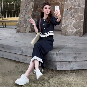 欧货高级感时尚套装女春季气质蕾丝拼接短外套高腰半身长裙两件套