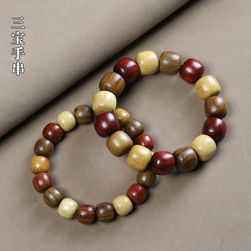 多宝珠素款三色单圈檀木佛珠手串