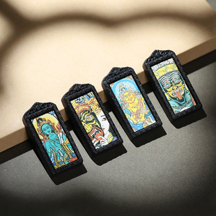 沉香木扎基拉姆黄财神度母彩绘牌子挂坠吊坠项链挂件文玩配饰ZA