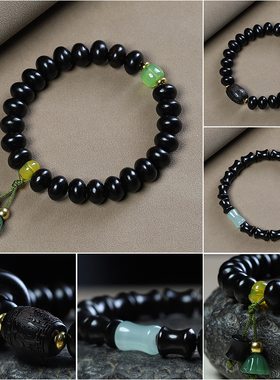 黑檀diy款雕刻跑环竹节吊坠手串