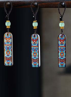 檀木手绘彩牌醒狮国风钥匙扣挂件