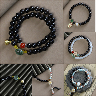 黑檀木手串女小众DIY拼接双圈款黑檀木搭配玉石梅花手链情侣文玩