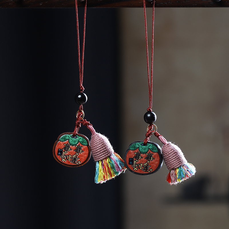 檀木柿柿如意彩绘手机链钥匙扣