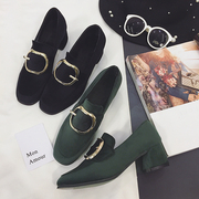 2017春季新款韩版方头粗跟单鞋圆扣中跟女鞋复古绒面百搭高跟鞋潮