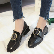 2017早春新款英伦风方头单鞋中跟圆扣中口百搭女鞋一脚蹬方跟鞋潮