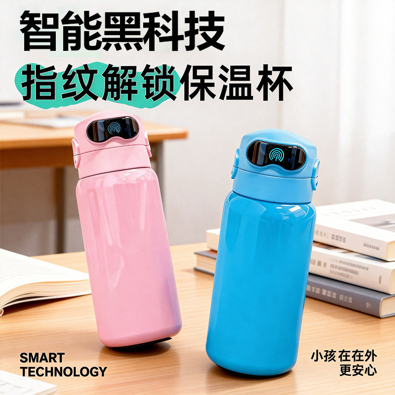 学生指纹水杯2026新款男生女生高颜值儿童保温杯上学专用密码解锁