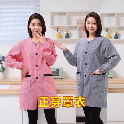 做饭穿的罩衣前面扣子的棉格正穿衣围裙外穿罩衣防脏污居家时尚工