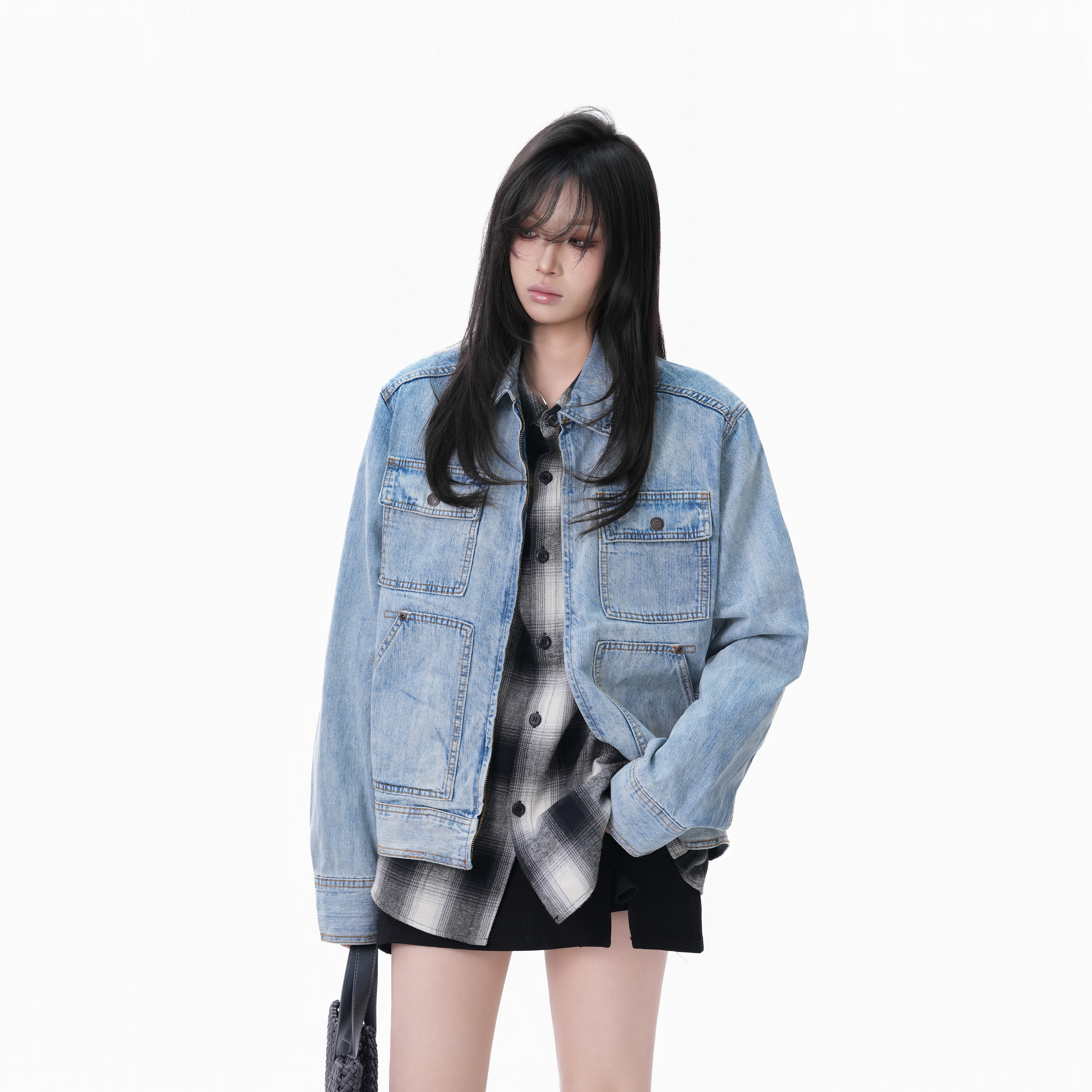 港风复古重工水洗做旧牛仔外套女