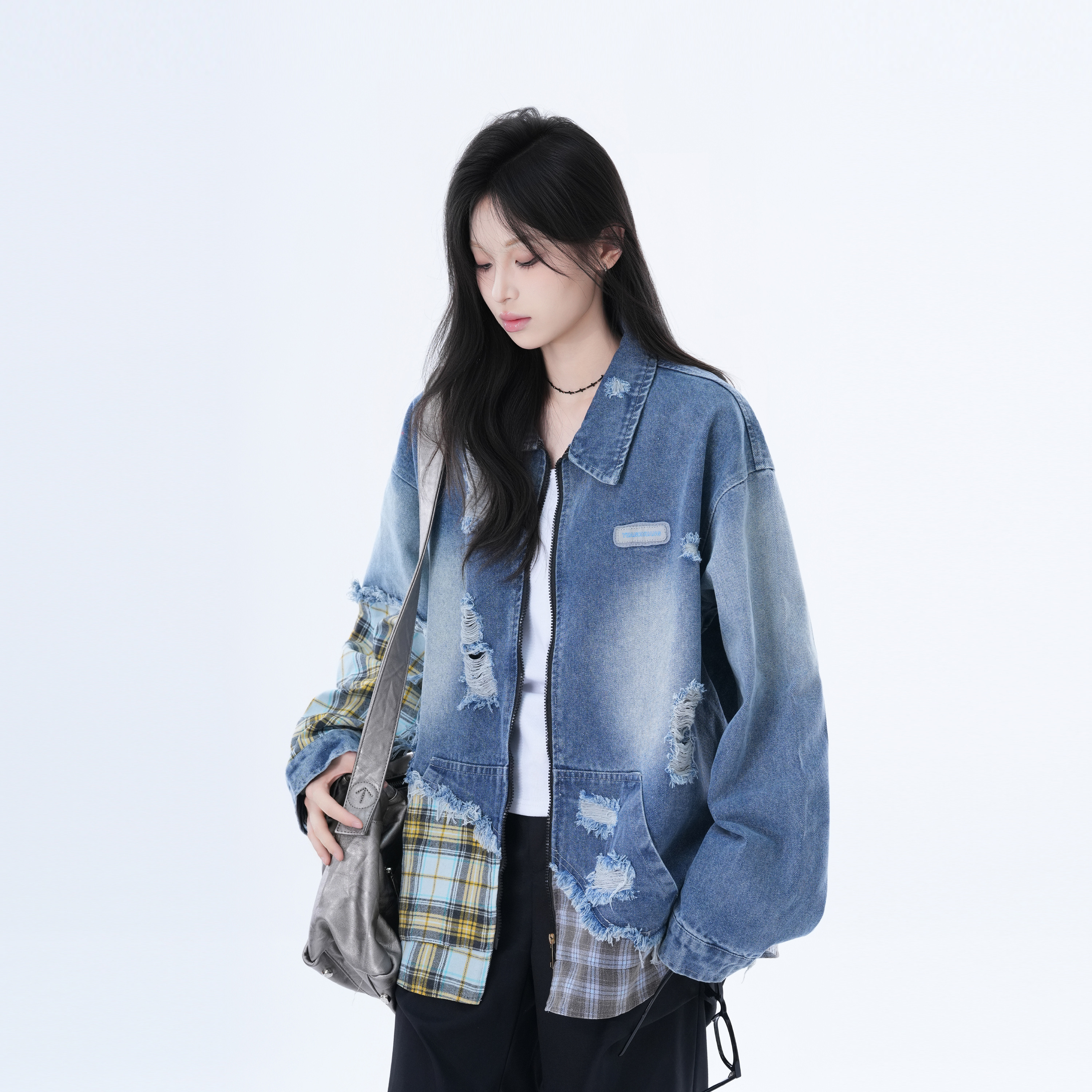 美式复古小众格子拼接牛仔衬衫女