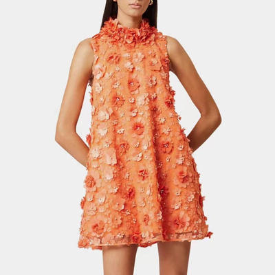 新款名媛风重工钉珠无袖短裙2025立体花朵装饰设计短款蓬蓬连衣裙