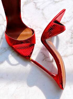 金属头时装凉鞋 尖头红色蛇纹细跟走秀女鞋高跟鞋sandals仿皮