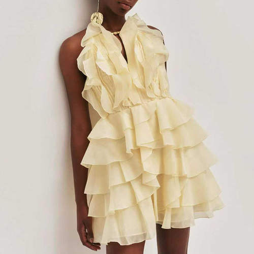 新款时尚休闲优雅风短裙2026气质挂脖无袖立体木耳边纯色连衣裙女