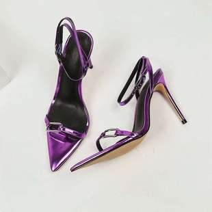 法式绝美凉鞋女欧美热卖细高跟优雅迷人紫色时尚高级时装凉鞋