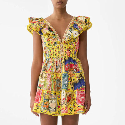 新款法式名媛风A字裙2025印花设计V领系带修身收腰显瘦短款连衣裙