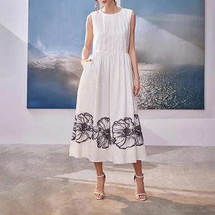 时尚简约休闲风长裙2025圆领无袖刺绣花卉收腰连衣裙女KDR542231P