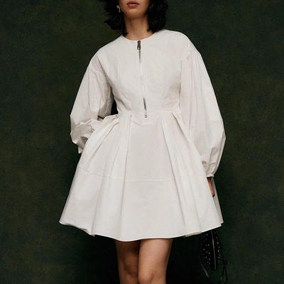 新款欧美小众设计感短裙2025秋季圆领正面拉链大蓬蓬连衣裙女高腰