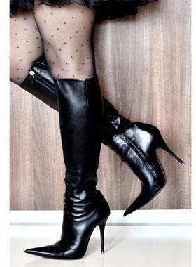 欧美时装靴尖头拼接细跟性感高筒黑色女靴winter women PU