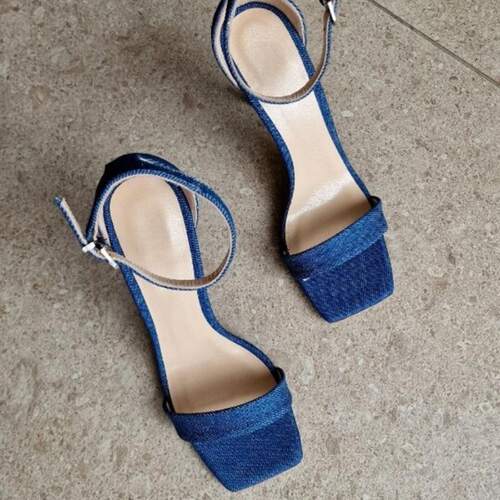 欧美时装凉鞋 方头牛仔搭扣细跟女鞋sandals women heels橡胶