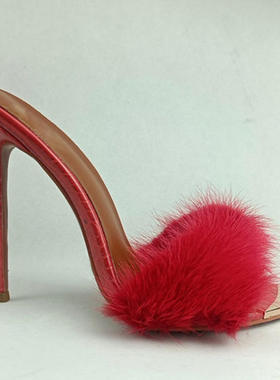 时装凉鞋欧美金属头细跟红色毛毛外贸女鞋high heels高跟鞋12