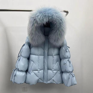 2024冬高端皮草大狐狸毛领连帽羽绒服女绑带加厚保暖外套灯笼袖