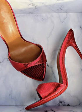 时装凉鞋 欧美尖头细跟红色蛇纹女鞋外贸高跟鞋sandals women