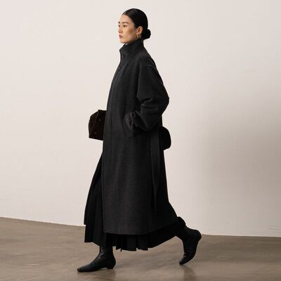 lem*r家/柜上1.9W/JIN口山羊绒高支美利奴羊毛单面立领大衣外套女