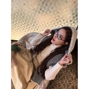 外套上衣 环保皮草拼格子尼miu风富美感重磅连帽开衫 定制 林悠