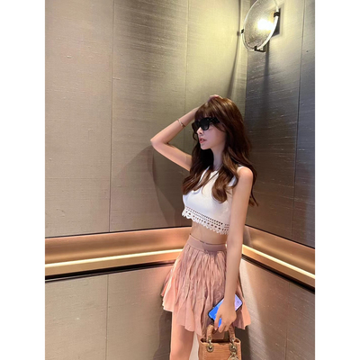 林悠【超洋气的alaiaa背心镂空工艺]加长版/alaiaa橙粉色半身裙女