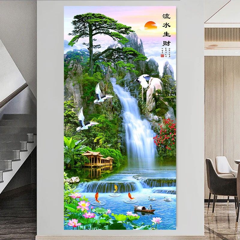 玄关山水画墙贴自粘装饰画流水生财风景画客厅入户正对门壁纸挂画,家居饰品,现代装饰画,淘宝优惠券,粉丝福利购,淘宝优惠卷