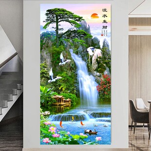 流水生财山水画客厅墙贴壁画装 饰画风景画玄关壁纸挂画贴画墙画