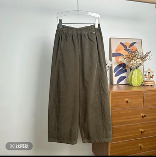 直筒宽松休闲裤 早春灯芯绒松紧腰复古直筒阔腿裤 绿光森林