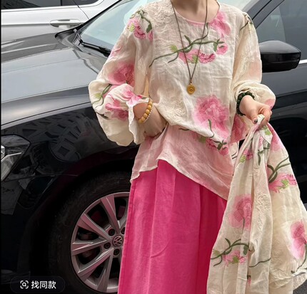 夏季苎麻重工显瘦刺绣小衫气质宽松