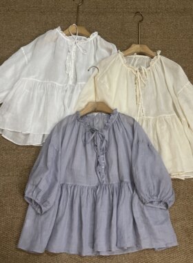 西洗女孩夏季100苎麻花边领系带衬衫宽松设计感衬衣小衫上衣