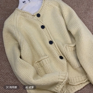 软糯加厚单排扣口袋毛衣外套 韩系圆领针织开衫 歡囍