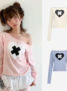 illit同款韩国爱心十字架印花露肩长袖宽松T恤复古Y2K一字领上衣