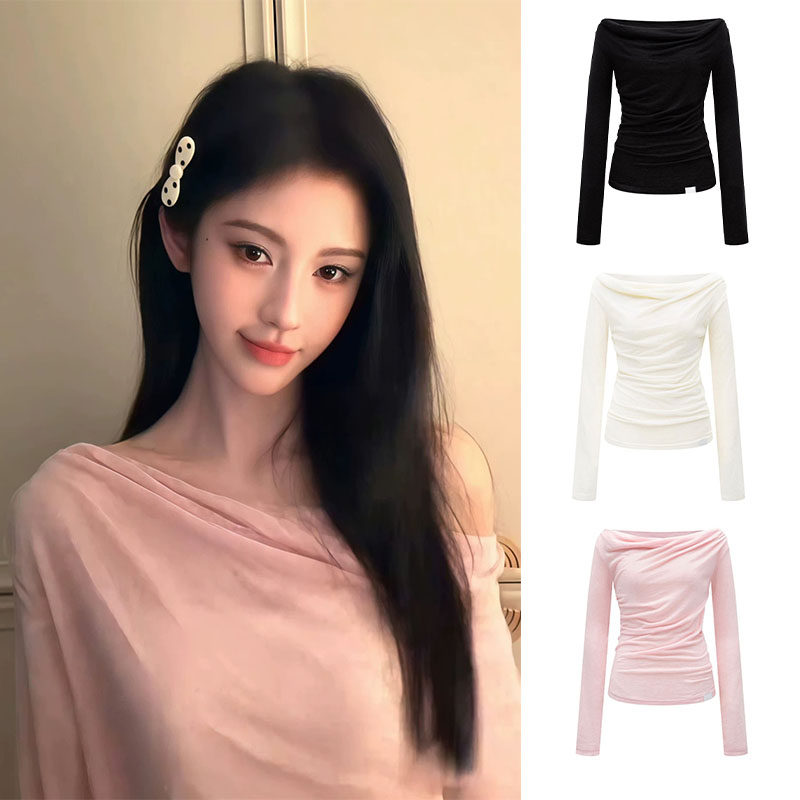 鞠婧祎同款法式一字领露肩T恤女