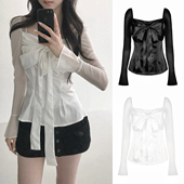 女收腰气质上衣性感飘带蕾丝衬衫 韩国hillda蝴蝶结法式 方领雪纺衫