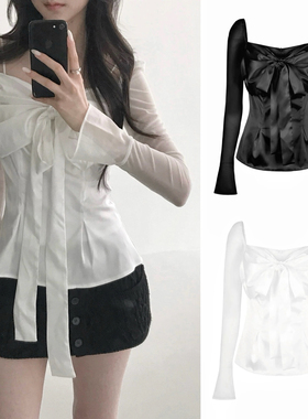 韩国hillda蝴蝶结法式方领雪纺衫女收腰气质上衣性感飘带蕾丝衬衫