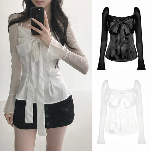 hillda法式方领蝴蝶结收腰雪纺衫