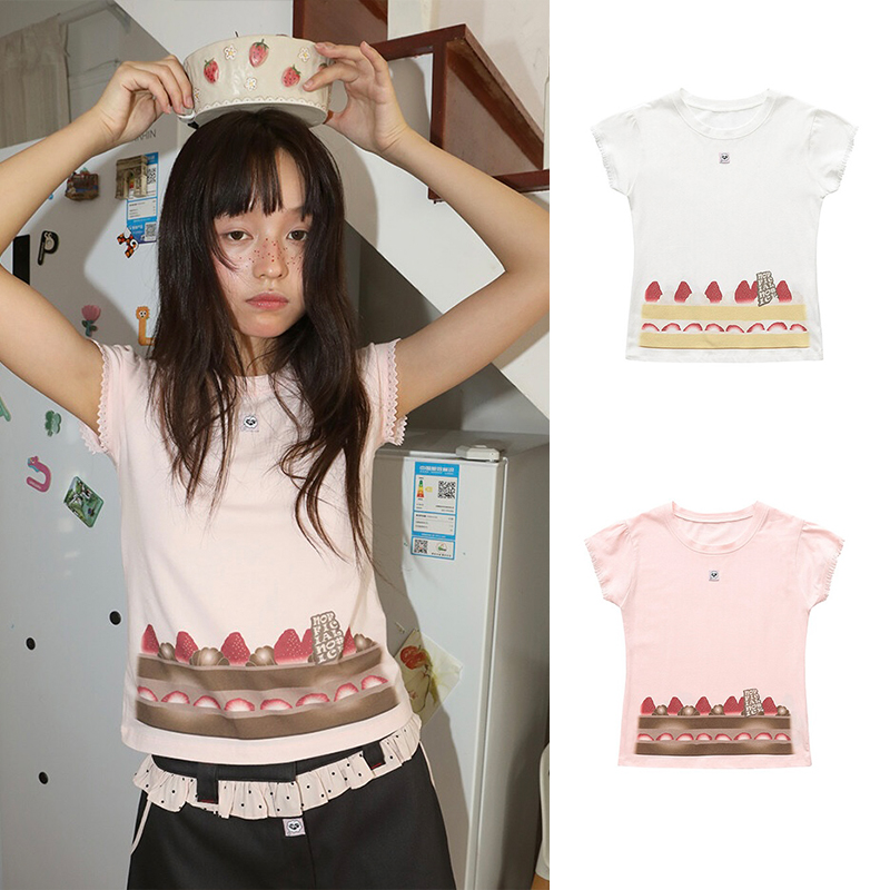 爱心蛋糕印花短袖T恤女