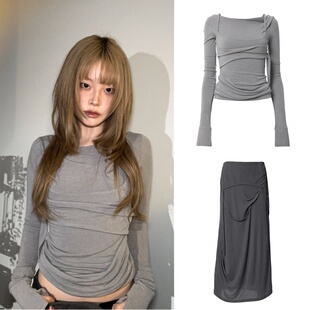 韩国清冷风flare 不对称褶皱性感街头辣妹长裙套装女修身小众设计