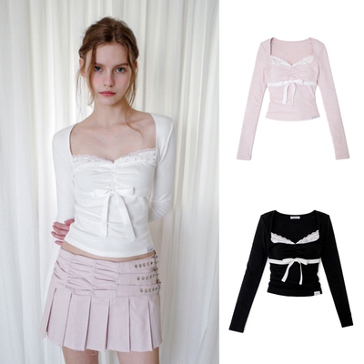 法式蕾丝拼接系带收腰长袖T恤女