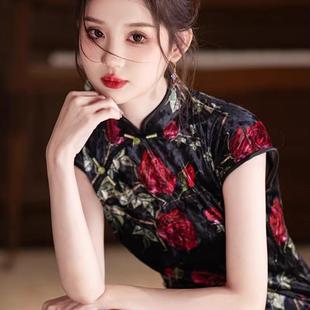 海派复古花旗袍包肩袖新中式连衣裙年轻款日常气质丝绒精致