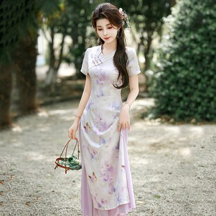 越南奥黛旗袍连衣裙日常改良宽松版V领送考夏绝美减龄新中式低领
