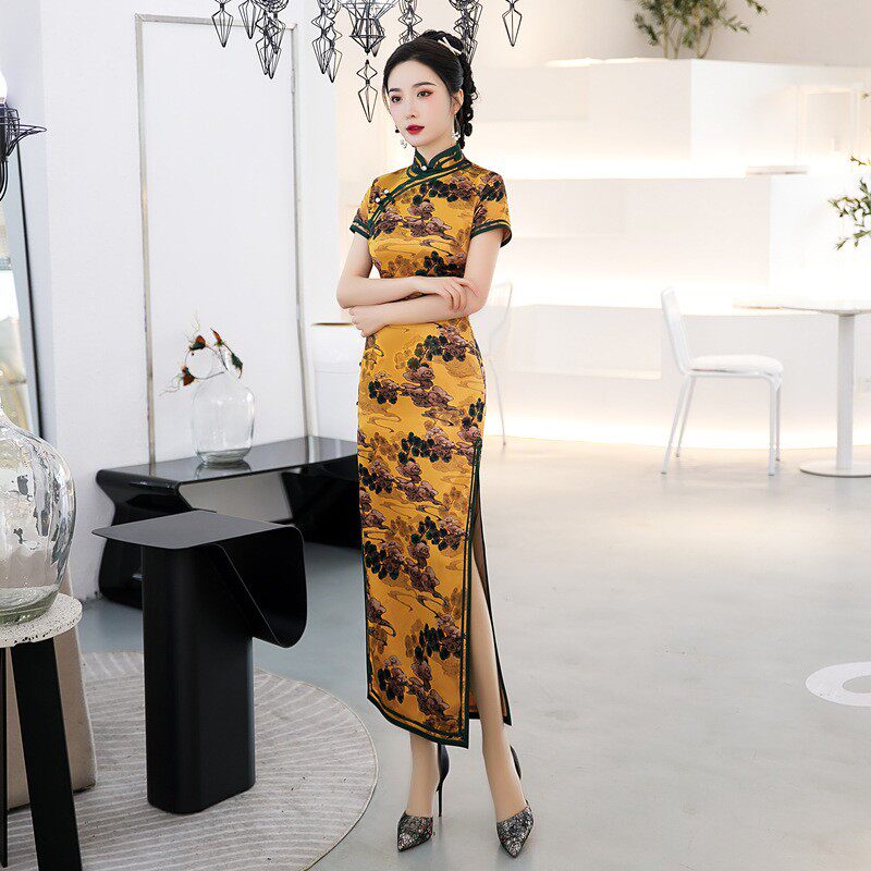 海派旗袍老上海风2025新款夏季女中年妈妈改良新中式黄色双边长款