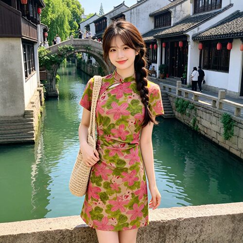 改良旗袍年轻款女2026夏季新品小个子短款收腰显瘦气质碎花裙子夏